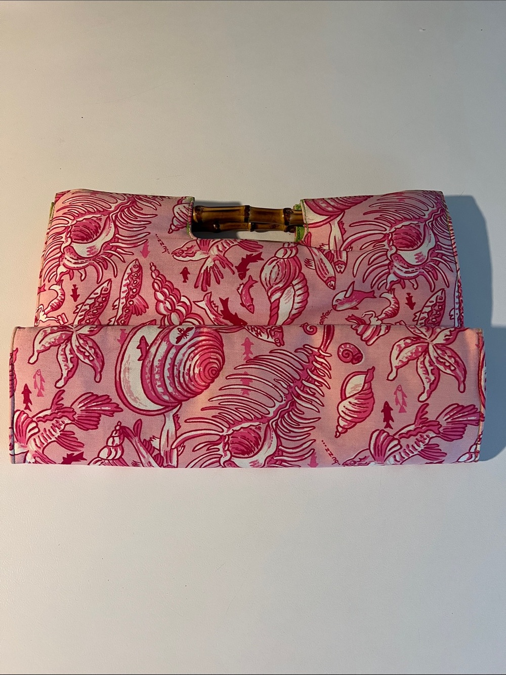 NWOT Pink & White  Shell-Print Clutch with Bamboo Handle